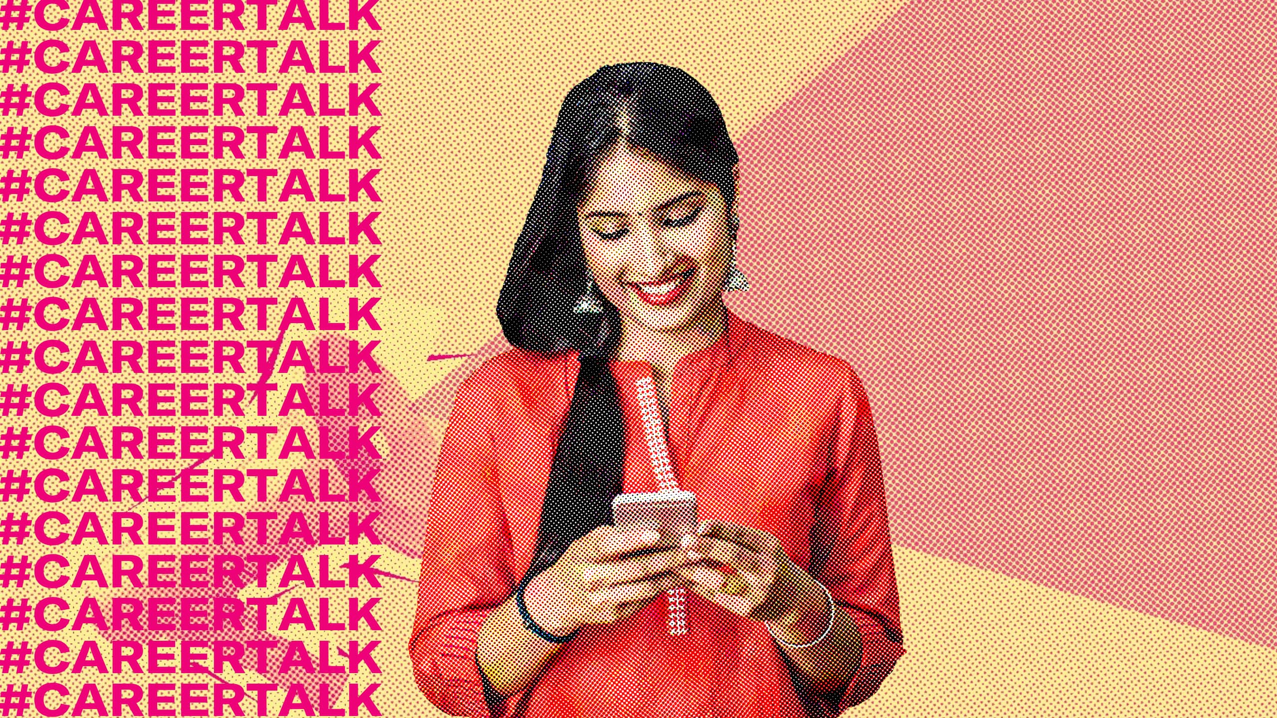 Mujer asiática en un vestido rojo sonríe mientras mira al teléfono; el texto superpuesto dice Charla profesional
