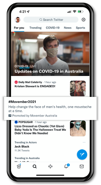 #Movember2021を使用したMovemberのタイムラインテイクオーバーが表示されているTwitterの [話題を検索] タブ